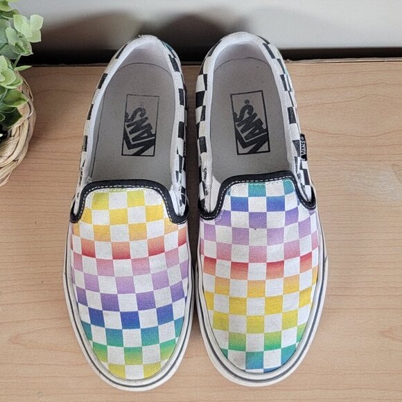 Vans 6.5 Asher Slip On Rainbow Authentic Low Top Check Canvas Sneakers - Picture 7 of 11